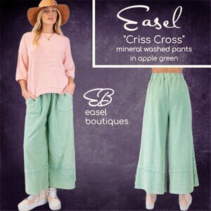 EASEL "Criss Cross" Mineral Washed Cotton Raw Seams Cropped Flared Pants Pockets